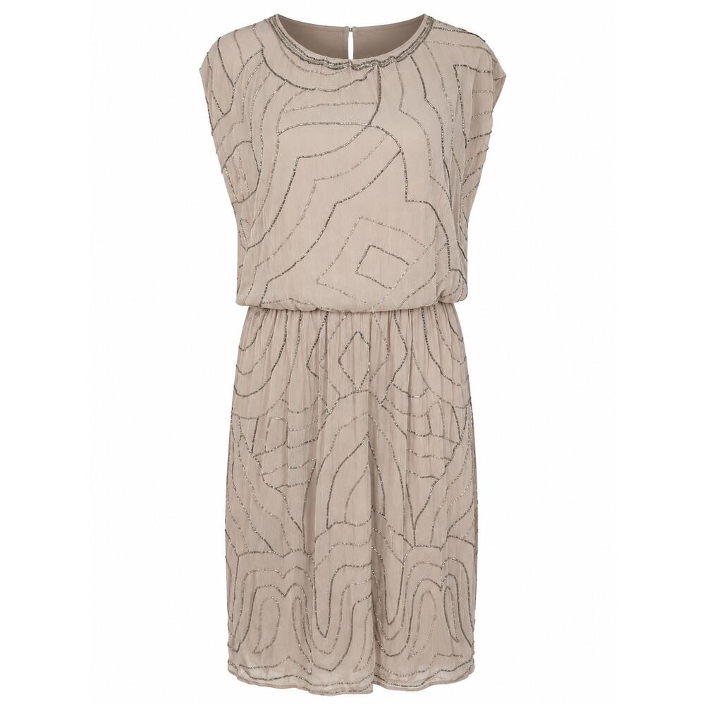 Chico’s Taupe Beaded Cocktail Dress Art Deco Midi Dress Sleeveless Blouson Forma